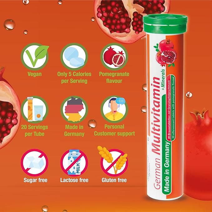 T&D German Multivitamin + Mineralien Drink Effervescent Tablets 140 Servings Pomegranate Flavour – 10 Vitamins + 2 Minerals – Made in Germany