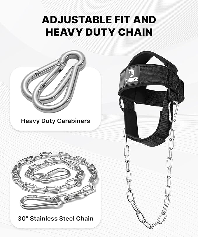 DMoose Neck Harness for Weight Lifting - 30" Heavy Duty Steel Chain - Neck Exerciser, Trainer & Strengthener for Injury Recovery Support & Workout- Adjustable Head & Chin Strap