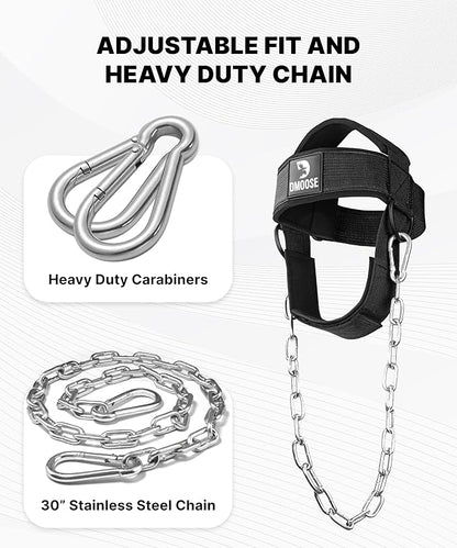 DMoose Neck Harness for Weight Lifting - 30" Heavy Duty Steel Chain - Neck Exerciser, Trainer & Strengthener for Injury Recovery Support & Workout- Adjustable Head & Chin Strap
