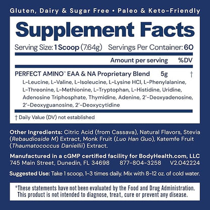 BodyHealth PerfectAmino Powder - BCAA and EAA Powder for Pre and Post Workout - Amino Acid Energy Drink Powder for Men and Women to Support Lean Muscle and Recovery - Lemon Lime - 60 Servings