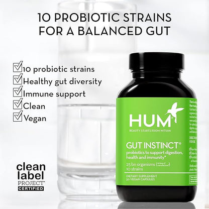 HUM Gut Instinct, Daily Probiotics for Digestive Health for Women and Men - Lactobacillus + Bifidobacterium Strains for Bloating, Immune Support + Healthy Gut Diversity (90-Count)