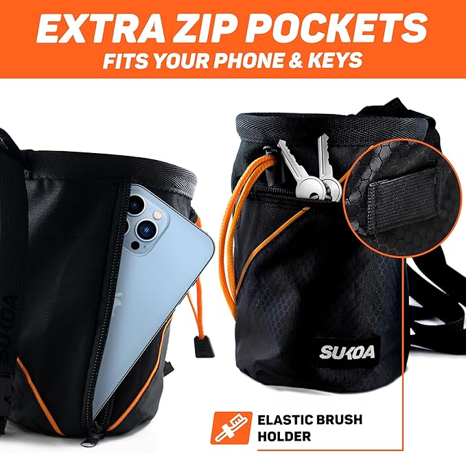 Chalk Bag for Rock Climbing - Rock Climbing Gifts Gear Accessories - Quick-Clip Belt, Large Zippered Pockets & Brush Holder - Weight Lifting, Gym, Bouldering, Disc Golf, Wall, Rock Climbing Chalk Bag