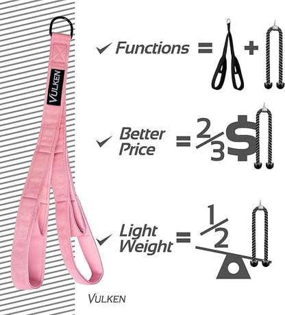 Vulken Tricep Rope Cable Attachment. 28.7 Inch & 22 Inch Two Lengths Built in One Pull Down Rope, Black & Pink