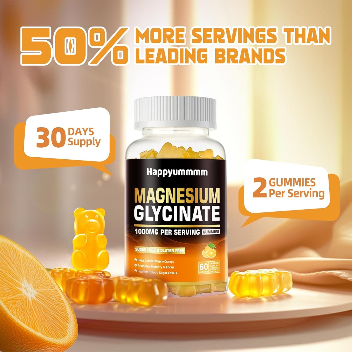 Magnesium Glycinate Gummies 1000mg - Sugar Free Magnesium Potassium Supplement with Vitamin D, B6, CoQ10 for Calm Mood & Sleep Support - 60 Orange Gummies