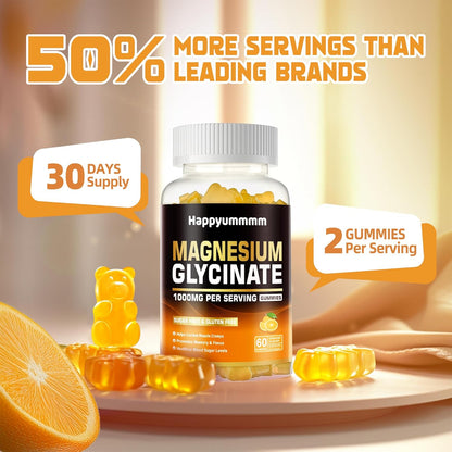 Magnesium Glycinate Gummies 1000mg - Sugar Free Magnesium Potassium Supplement with Vitamin D, B6, CoQ10 for Calm Mood & Sleep Support - 60 Orange Gummies