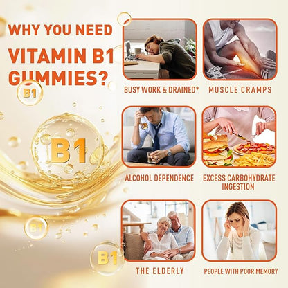 Vitamin B1 Gummies 100mg for Adults & Kids, Thiamine B1 Supplement with 600mg Calcium, Nervous System Supports & Boost Energy, Orange Flavor, Non GMO, Vegan, 120 Chewable Gummies