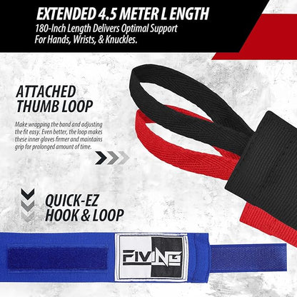 FIVING Boxing Hand Wraps Inner Gloves for Men Women, 180 Inch Elasticated Thumb Loop Bandages, Wrist Wrap Protection Muay Thai MMA Kickboxing Martial Arts Punching Bag Training