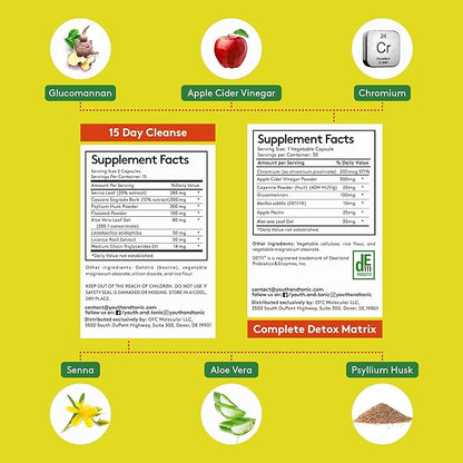 Youth & Tonic 15 Day Cleanse & Carb Matrix Support for Bloating, Gut & Metabolism Health, Break The Plateau, Feel Lighter & Energized, Colon Cleanser & Detox with ACV, Glucomannan, Chromium, 60 Pills