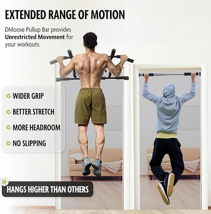 DMoose Fitness Pull Up Bar for Doorway - Upto 250 Lbs Capacity, No Screwing or Slipping, Hanging Pullup & Chin Up Bar for Door Frame - Padded Grips for Strength Training - Installation Guide Included