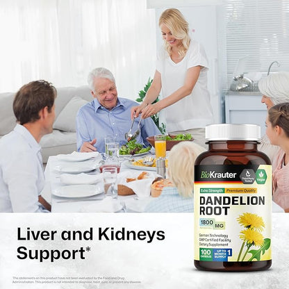 BIO KRAUTER Dandelion Root Capsules - 1800 mg Strength - 100 Count - Dandelion Root Supplement - Vegan Dandelion Powder Capsules for Digestion, Liver Support, Cleansing and Immunity
