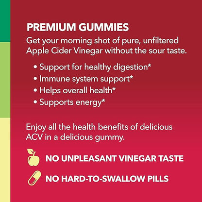 Organic Apple Cider Vinegar Gummies - ACV Gummies to Support Digestive Health and Gut Flora for Digestion - Natural Apple Flavor - 60 Organic, Vegan, and Non-GMO Apple Cider Vinegar Gummies