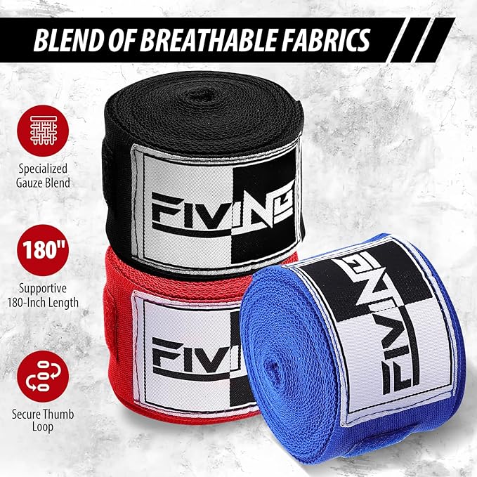 FIVING Boxing Hand Wraps Inner Gloves for Men Women, 180 Inch Elasticated Thumb Loop Bandages, Wrist Wrap Protection Muay Thai MMA Kickboxing Martial Arts Punching Bag Training