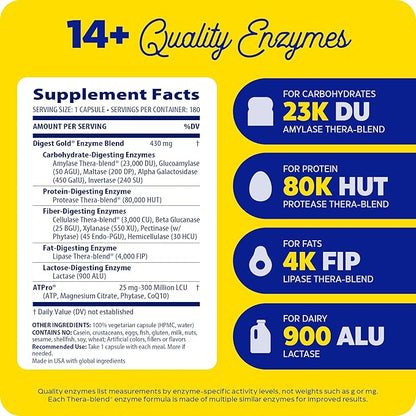 Enzymedica Digest Gold + ATPro, Maximum Strength Digestive Enzymes, Helps Digest Large Meals for Instant Bloating Relief, 180 Count