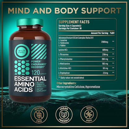Essential Amino Acids Supplement - 3,000mg Amino Complex + All 9 Best Amino Acids for Muscle Growth, Power and Recovery - Leucine Amino Acid, Lysine, Isoleucine, Tryptophan - 120 Vegan, BCAA Capsules