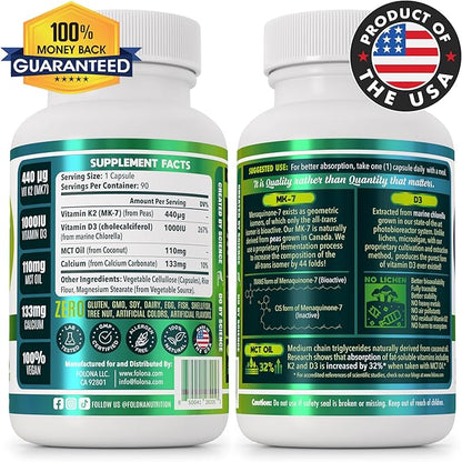Vegan Vitamin K2+D3 | 440 mcg All-Trans MK-7 440mcg from Peas + 1000IU Vitamin D3 from Chlorella + MCT Coconut Oil for max Absorption | 90 Capsules, 100% Vegan, Non-GMO