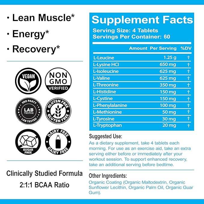 Ultimate Amino Complex Supplement - 240 Easy-to-Swallow, Flavorless 1g Tablets - All 9 Essential Amino Acids Plus Cystine & Tyrosine - 2:1:1 BCAA Ratio - Increase Energy & Muscle - Vegan & Non-GMO