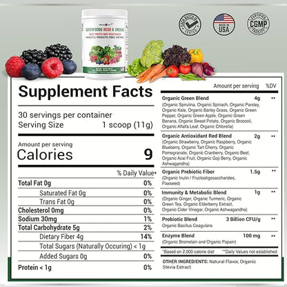 Superfood Reds & Greens Powder - 11.64 oz, Pack of 2, Prebiotics & Probiotics for Digestive Health, Super Greens Powder with Ashwagandha for Gut Health, Immunity, Antioxidants, Vegan