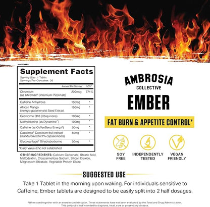 Ambrosia Ember™ Thermogenic Fat Burner & Appetite Support Supplement Pills for Healthy Weight Management, Appetite Support for Men and Women with CapsiMax™, African Mango, and CoQ10