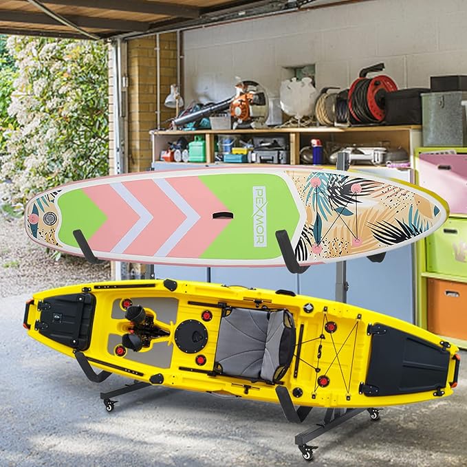 Bonnlo Kayak Stand Freestanding Storage Rack for Kayak Canoe Boat Paddle Board SUP Surfboard for Indoor Outdoor Garage, Shed, Dock with Lockable Wheels Wide Adjustable