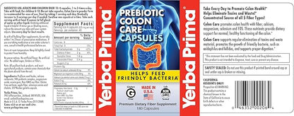 Yerba Prima Prebiotic Colon Care Capsules - 180 Count (Pack of 2), Gluten Free, Proudly Made in The USA, Non-GMO, Soluble & Insoluble Fiber, Supports A Healthy Functioning Colon
