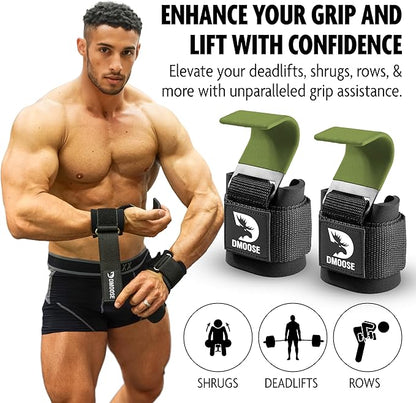 DMoose Fitness Weight Lifting Hooks (Pair) for Deadlifts, Pull Ups & Shrugs - 500 Lbs Capacity, Thick Wrist Padding - Heavy Duty Gym Workout Grips Straps for Men and Women