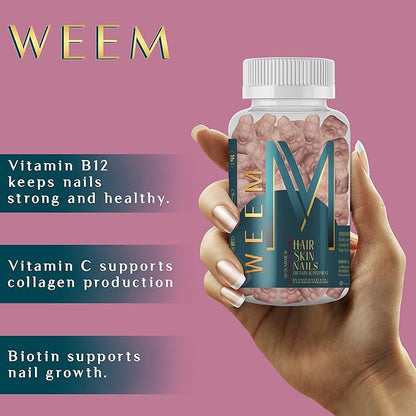 WEEM Hair Skin and Nails Gummies - Supports Healthy Hair - Vegan biotin Vitamins for Women & Men Supports Faster Hair Growth, Stronger Nails, Healthy Skin, Extra Strength (2)