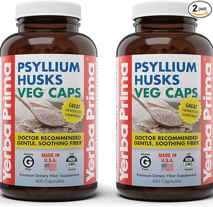 Yerba Prima Psyllium Husks Veg Caps, 400 Capsules (625mg) (Pack of 2) - Vegan, Non-GMO, Gluten Free, Colon Cleanser, Daily Fiber Supplement for Gut Health & Regularity