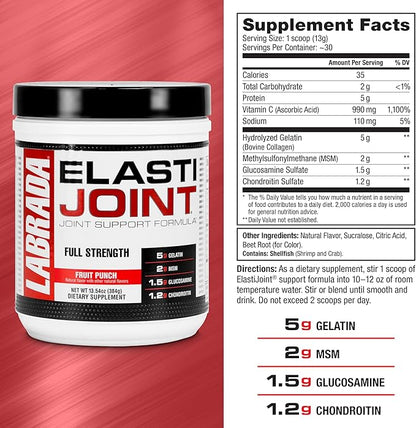 Labrada Nutrition Elastijoint, Fruit Punch. Glucosamine Joint Support Supplement Powder for Men & Women, Joint Pain Relief & Bone Health Supplement with MSM, Glucosamine Chondroitin MSM - Gluten-Free