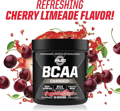 PMD Sports BCAA Charged Delicious Amino Acid Drink Mix for Performance, Recovery, Endurance and Hydration - Increase Muscle Function for Workout and Daily Energy – Cherry Limeade (30 Servings)