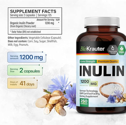 BIO KRAUTER Inulin Powder Capsules - 1200 mg Strength - 250 Count - Fiber Supplement - Chicory Root Fiber Capsules for Digestive Support - Pure Soluble Fiber Supplements - Vegan Inulin Capsules