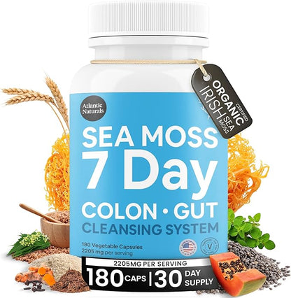 Atlantic Naturals - Sea Moss 7-Day Cleanse Colon & Gut Detox Capsule - Juice Cleanse Support with Psyllium Husk Senna Powder - Body Cleanse and Detox for Women & Men - 180 Sea Moss Capsules