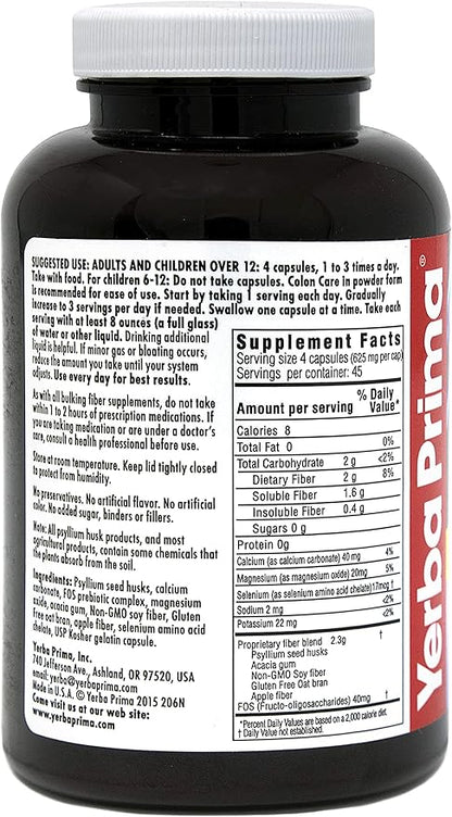 Yerba Prima Prebiotic Colon Care Capsules - 180 Count (Pack of 2), Gluten Free, Proudly Made in The USA, Non-GMO, Soluble & Insoluble Fiber, Supports A Healthy Functioning Colon
