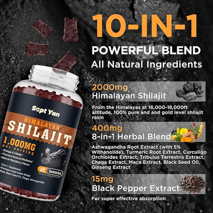 Shilajit Gummies 2000mg - Shilajit Pure Himalayan Organic for Men & Women 85+ Trace Minerals Shilajit Resin with Ashwagandha, Maca, Black Seed Oil - Energy, Brain, Immunity, Sugar Free Raspberry 60ct