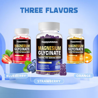 Magnesium Glycinate Gummies 1000mg - Sugar Free Magnesium Potassium Supplement with Vitamin D, B6, CoQ10 for Calm Mood & Sleep Support - 60 Blueberry Gummies