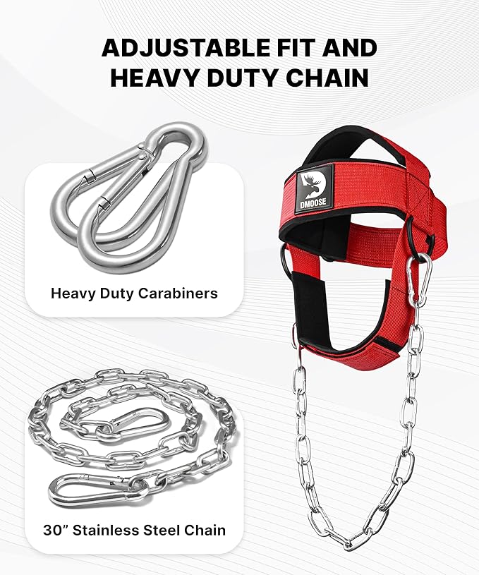 DMoose Neck Harness for Weight Lifting - 30" Heavy Duty Steel Chain - Neck Exerciser, Trainer & Strengthener for Injury Recovery Support & Workout- Adjustable Head & Chin Strap
