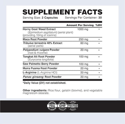 Testosterone Booster for Men - Workout Testosterone Supplement - Goril-X Libido Booster for Men - 1000mg Male Enhancing Horny Goat Weed, Maca Root, Tongkat Ali - Increase Stamina & Energy - 2 Pack