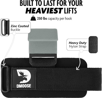 DMoose Fitness Weight Lifting Hooks (Pair) for Deadlifts, Pull Ups & Shrugs - 500 Lbs Capacity, Thick Wrist Padding - Heavy Duty Gym Workout Grips Straps for Men and Women