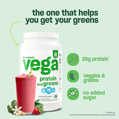 Vega Protein and Greens Protein Powder, Vanilla - 20g Plant Based Protein Plus Veggies, Vegan, Non GMO, Pea Protein for Women and Men, 1.2 lbs (Packaging May Vary)