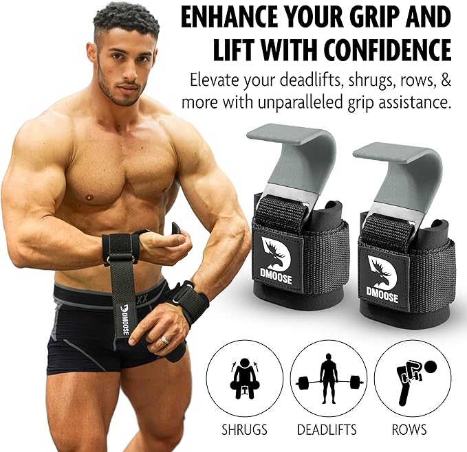 DMoose Fitness Weight Lifting Hooks (Pair) for Deadlifts, Pull Ups & Shrugs - 500 Lbs Capacity, Thick Wrist Padding - Heavy Duty Gym Workout Grips Straps for Men and Women