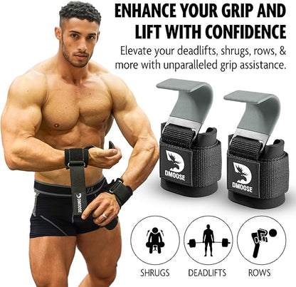 DMoose Fitness Weight Lifting Hooks (Pair) for Deadlifts, Pull Ups & Shrugs - 500 Lbs Capacity, Thick Wrist Padding - Heavy Duty Gym Workout Grips Straps for Men and Women