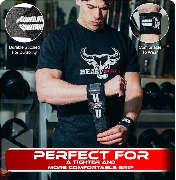 BEAST RAGE Wrist Wraps for Weightlifting - Adjustable Lifting Straps With Thumb Loop for Enhanced Gym Support, Powerlifting, Bodybuilding and Workout