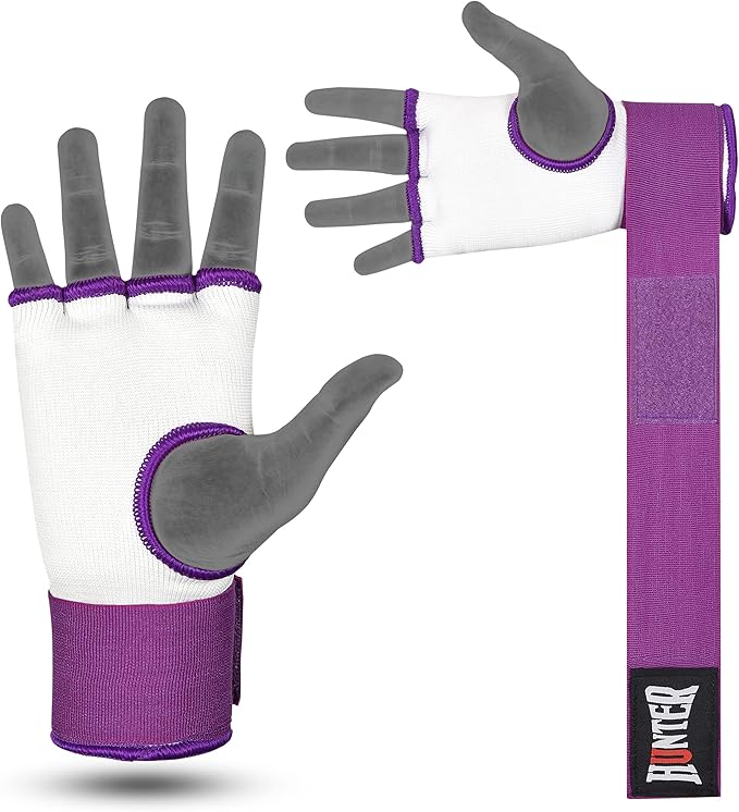 HUNTER Gel Padded Inner Gloves with Hand Wraps for Boxing, Quick Elastic Training Wraps for Men & Women, Muay Thai MMA Kickboxing Martial Arts Knuckle Wrist Protector (Pair)