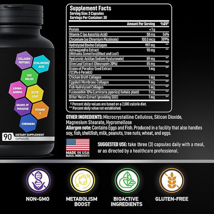 Thermogenic Multi Collagen Burn Capsules - Hydrolyzed Collagen Peptides Plus Hyaluronic Acid - Advanced Collagen Complex Type I, II, III, V, X Collagen for Cellulite - 2-Pack, 180 Collagenic Burn Caps