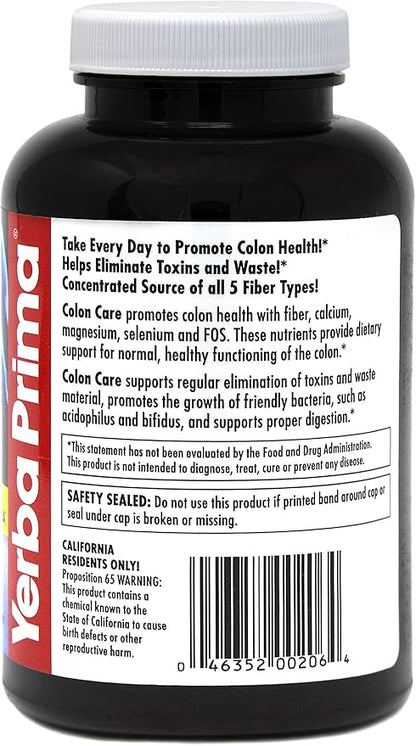 Yerba Prima Prebiotic Colon Care Capsules - 180 Count (Pack of 2), Gluten Free, Proudly Made in The USA, Non-GMO, Soluble & Insoluble Fiber, Supports A Healthy Functioning Colon