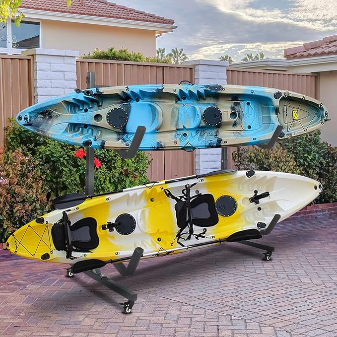 Bonnlo Kayak Stand Freestanding Storage Rack for Kayak Canoe Boat Paddle Board SUP Surfboard for Indoor Outdoor Garage, Shed, Dock with Lockable Wheels Wide Adjustable