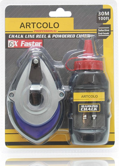 Chalk Reel kit - Six Gear Quick Retrieval Chalk Lines,100ft Line Included in Chalk Box,4oz Red Chalk Powder,Wire Box is Made of Aluminum