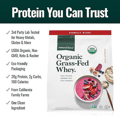 Natural Force Grass Fed Organic Whey Protein Powder – Non GMO Verified, Humane Certified & Lab Tested for Toxins – Pure & Unflavored – Keto Friendly, Low Carb, and Kosher – 5 Pound A2 Protein