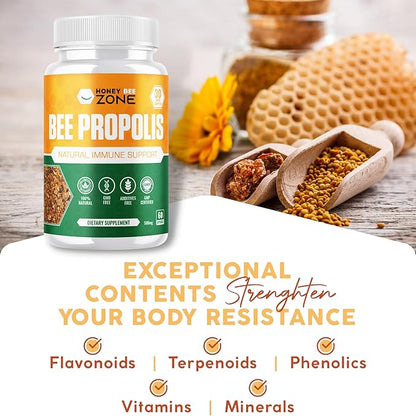 Bee Propolis Extract Capsules, Immune Support Supplement, Natural Immune Booster, Non-GMO Gluten-Free additive Free 500 mg 60 Vegan Capsules with Carob Powder for Men and Women