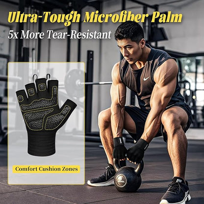 Weight Lifting Gloves with Wrist Support, Gym Workout Gloves for Men Women, Full Palm 6mm Padded & Grip, Exercise Wrist Wraps for Weightlifting, Fitness, Strength Training
