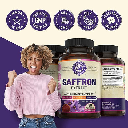 100% Pure Saffron Extract - NSF Certified. Supports Weight and Appetite Health, Mood, Focus, Memory, Digestion, Eye, Skin and Brain Health. Saffron Supplements for Women and Men, 45-Day Supply.